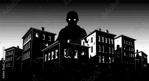 A giant, shadowy figure with glowing eyes looms ominously behind a row of dark buildings in a stark, black and white, graphic novel style.
