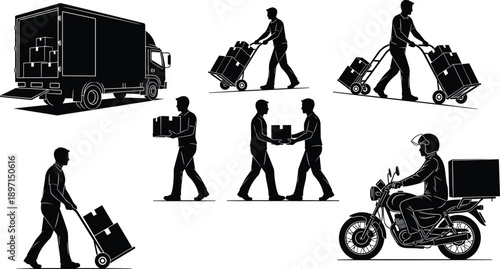 Logistics and delivery worker silhouettes showing cargo transport, package handling, truck loading, courier service, and last mile delivery operations isolated on white background