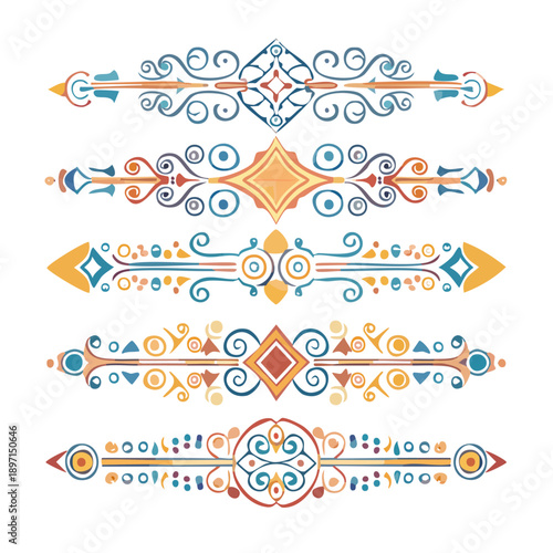 Decorative elements collection featuring ornate designs, patterns, and shapes in blue, orange, and red hues, illustrations, and geometric motifs