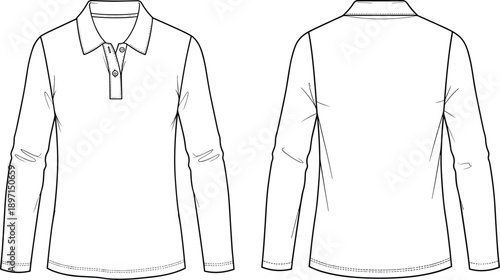 Front and back view technical line drawing of long sleeve polo shirt, clean apparel outline illustration for fashion design, clothing mockup, and garment specification isolated on white background