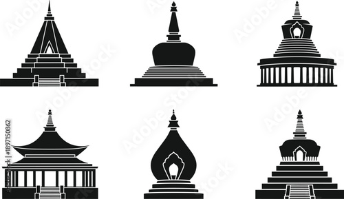 Set of Buddhist stupa and pagoda silhouettes representing ancient temple architecture, sacred monuments, and spiritual landmarks in black design style isolated on white background