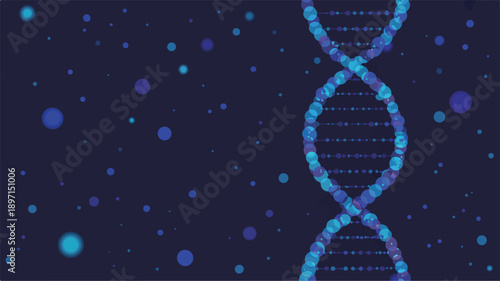 Dynamic digital illustration of a glowing blue and purple DNA spiral, symbolizing scientific discovery, genetic engineering, and advanced biotechnology on a dark, dotted field