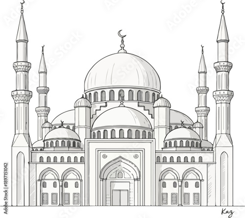 Elegant Hand-Drawn Islamic Mosque Architecture 2026, Detailed Pencil Sketch Vector of Grand Masjid with Domes and Minarets, Traditional Religious Landmark Illustration Signed by Kaz on Textured Paper 