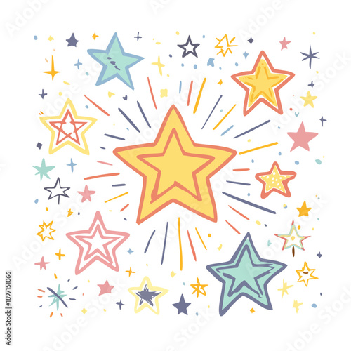 Vibrant stars bursting in a colorful explosion of star shapes and dynamic lines