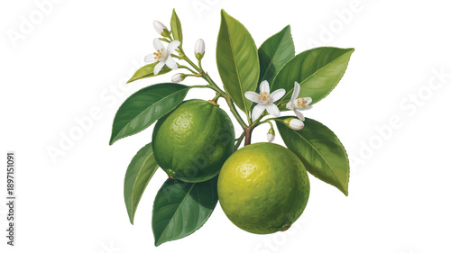 A detailed botanical illustration of two bright green limes surrounded by fresh green leaves and white flowers (4)_traced