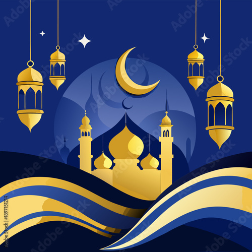 Golden Mosque and Lanterns under a Starry Night for Islamic Celebrations