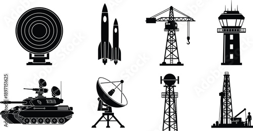 Set of industrial, military, and technology silhouettes including radar, rocket, crane, control tower, tank, satellite dish, communication towers, and oil rig icons isolated on white background