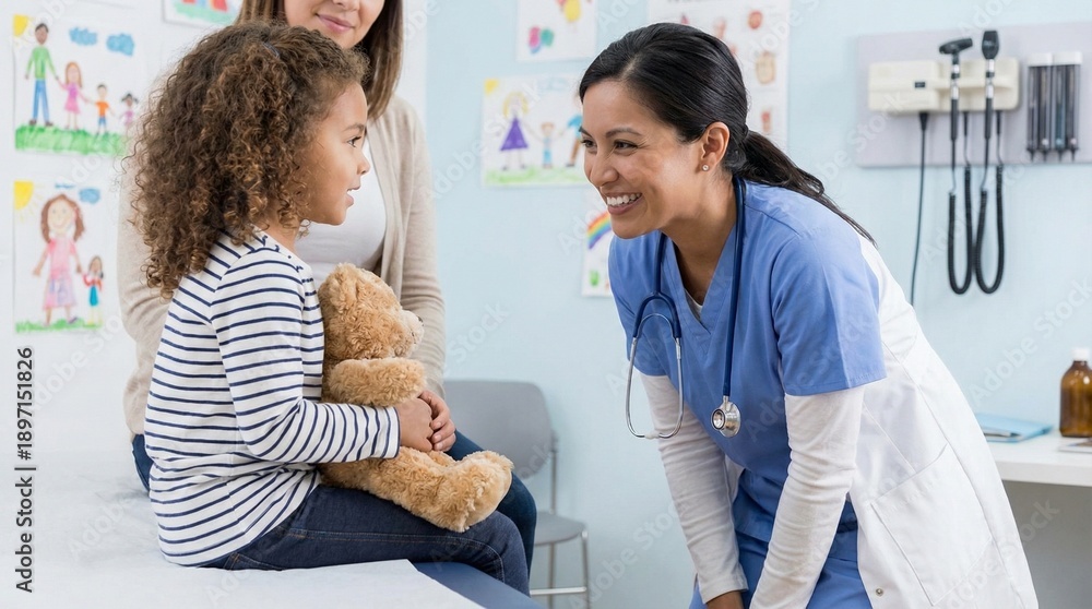 Obraz premium Female pediatric nurse greets young girl in clinic exam room, warm reassuring healthcare moment with teddy bear, family medicine visit for back to school checkup