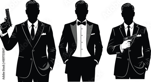 Three elegant male silhouettes in suits holding pistols, classic spy and gangster characters in cinematic noir style illustration symbolizing mystery and crime thriller themes