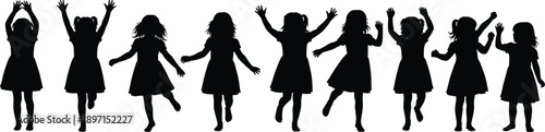 Collection of happy dancing girl silhouettes showing joy movement childhood freedom playfulness celebration and energetic kids activity concept illustration