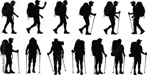 Collection of hiking backpacker silhouettes showing trekking walking adventure outdoor exploration travel lifestyle camping journey and active nature concept