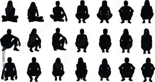 Collection of human squatting sitting silhouettes showing different poses body positions exercise rest and daily activity concept illustration