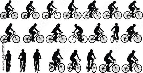 Cyclist riding bicycle silhouette pose collection illustration, man cycling sport movement isolated on white background active lifestyle concept design
