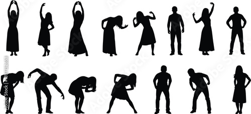 Dancing people silhouette pose collection illustration, men and women expressive movement isolated on white background performance art concept design