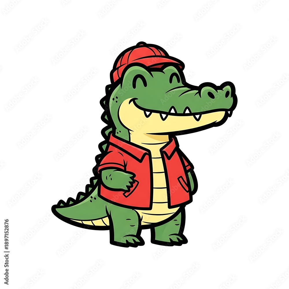 Fototapeta premium Cartoon Alligator Wearing Red Jacket and Cap.