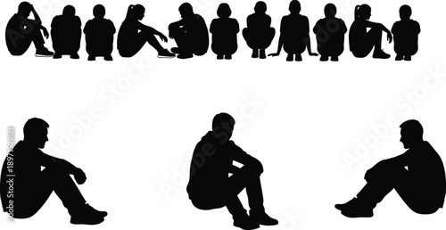 People sitting on ground silhouette pose collection illustration, men and women relaxed floor postures isolated on white background lifestyle concept
