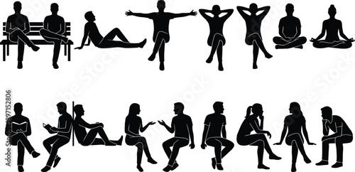 People sitting and relaxing silhouette pose collection illustration, men women casual postures isolated on white background lifestyle concept design