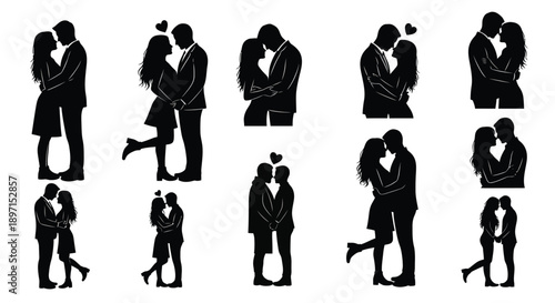 Romantic couples in love silhouettes emotions and affection