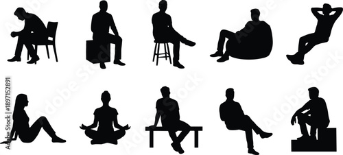 People sitting silhouette pose set illustration, men and women relaxed seated postures isolated on white background lifestyle concept design