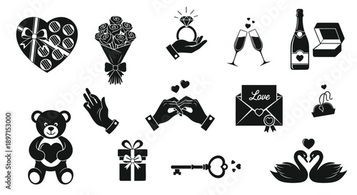 Black and white romantic icons set including hearts gifts love letters teddy bear swans and champagne