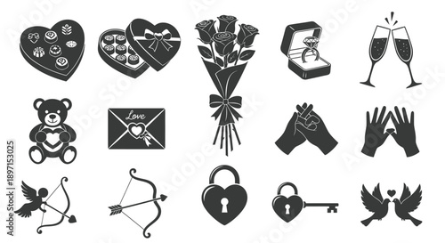 Valentine's day icons including hearts roses teddy bear champagne and love symbols in black on white background