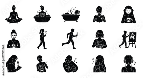 Collection of black silhouette icons depicting people engaging in various daily activities and hobbies on white background
