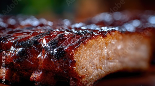 Close-up of Savory Barbecue Ribs Glazing with Rich Sauce on a Wooden Surface, Ideal for Culinary Themes and Food Photography Projects