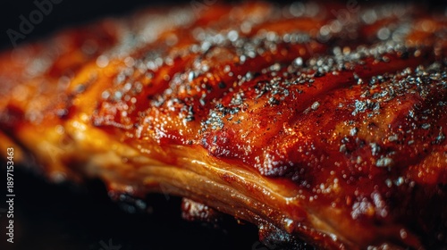 Deliciously Glazed Barbecue Ribs with a Crispy Coating and Smoky Flavor on a Dark Background Captured in an Artistic Close-Up Shot