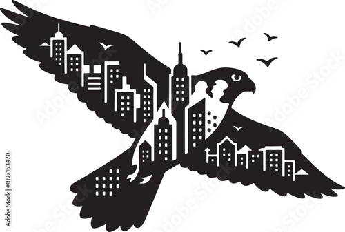 city skyline with flying eagle silhouette
