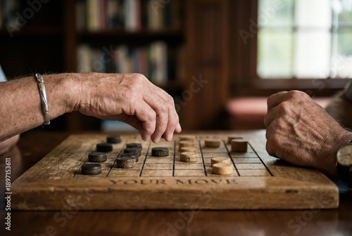 Two people are engaged in a board game at a wooden table. One hand moves a piece as they focus on the game. Soft light enters from a nearby window, adding warmth to the scene