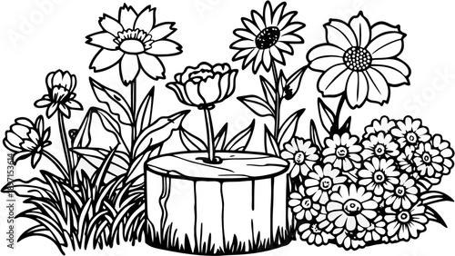 Very beautiful colorful flower garden in full bloom with a weathered wooden stump in the foreground, surrounded by lush grass, expressing rustic charm and vibrant natural diversity.