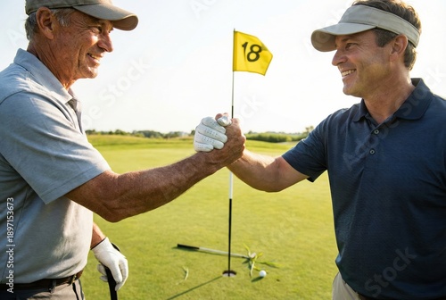 Two men stand on a golf course, smiling and shaking hands. They have just finished their round of golf at the 18th hole. The sun shines brightly in the background