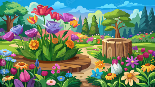 Very beautiful colorful flower garden in full bloom with a weathered wooden stump in the foreground, surrounded by lush grass, expressing rustic charm and vibrant natural diversity.