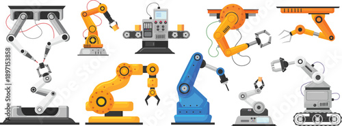 Industrial Robotic Arm and Factory Automation Vector Icon Set