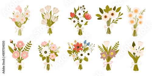 Collection of colorful floral bouquets with tied ribbons arranged in rows