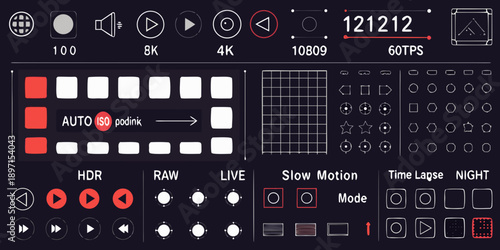 Digital interface displaying camera settings and video controls