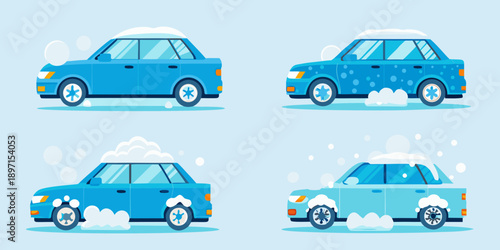 Blue cars undergoing various stages of a car wash process
