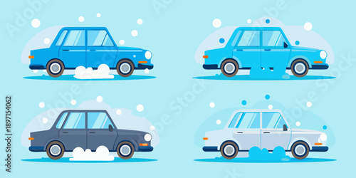 Four cartoon cars driving through snow with wintery trails