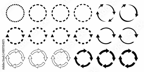 Arrangement of circular arrows with varying styles and directions