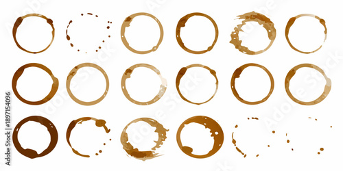 A collection of coffee ring stains in varying shades and shapes