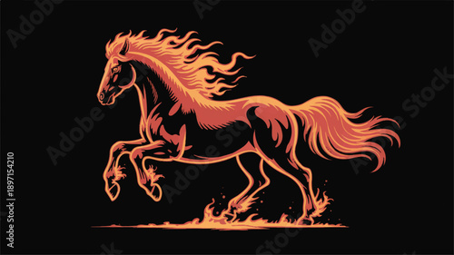 A digital art illustration of a fiery horse in motion against a pure black background (2)_traced