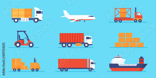 Various modes of transportation and cargo boxes in a flat design