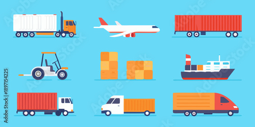 Colorful illustration depicting various modes of cargo transportation and logistics