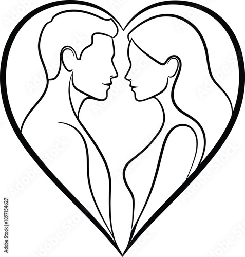 Outline drawing of a man and a woman facing each other inside a heart shape, symbolizing love and romance