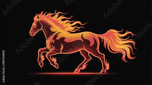 A digital art illustration of a fiery horse in motion against a pure black background (4)_traced