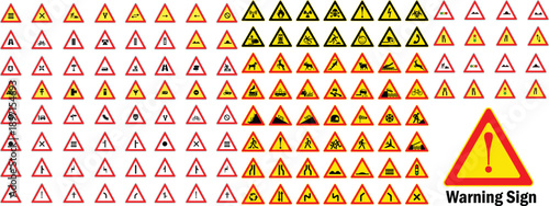 Yellow Road Traffic Warning Signs and Safety Symbol Icon Set and Industrial Safety Warning Symbols and Hazard Caution Icon Collection