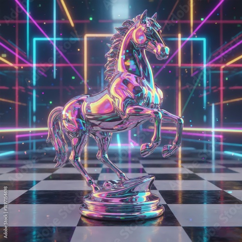 Holographic Chrome Horse Chess Figure with Neon Futuristic Lighting
