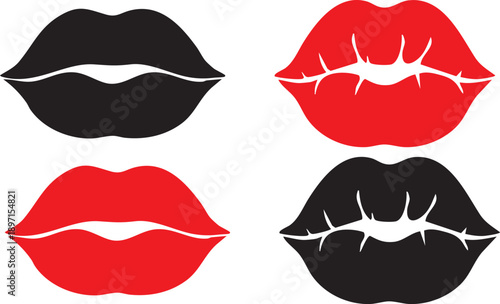 Set Bundle of Woman Kiss Marks Lips Design Vector Red and Black.