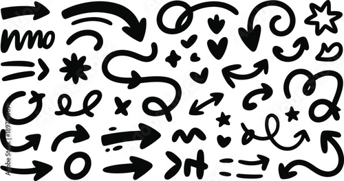 Collection of hand-drawn black arrows and shapes on white Keywords: arrow, arrows, hand drawn