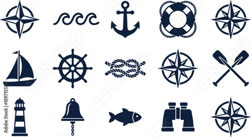 Nautical Marine Icons Set Compass Anchor Lifebuoy Wheel Boat Oars Lighthouse Bell Fish Binoculars Rope Navy Vector Collection
